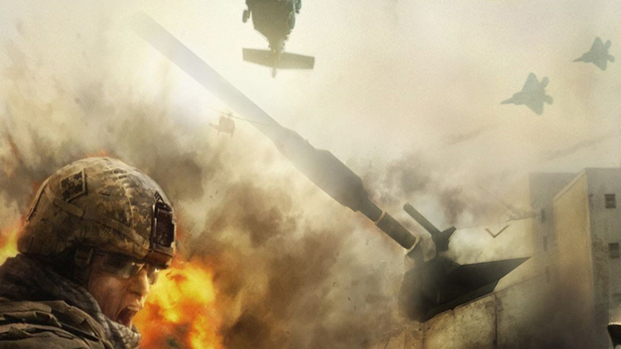 Battlefield Play4Free sfeerbeeld met helikopter, jets en explosie.