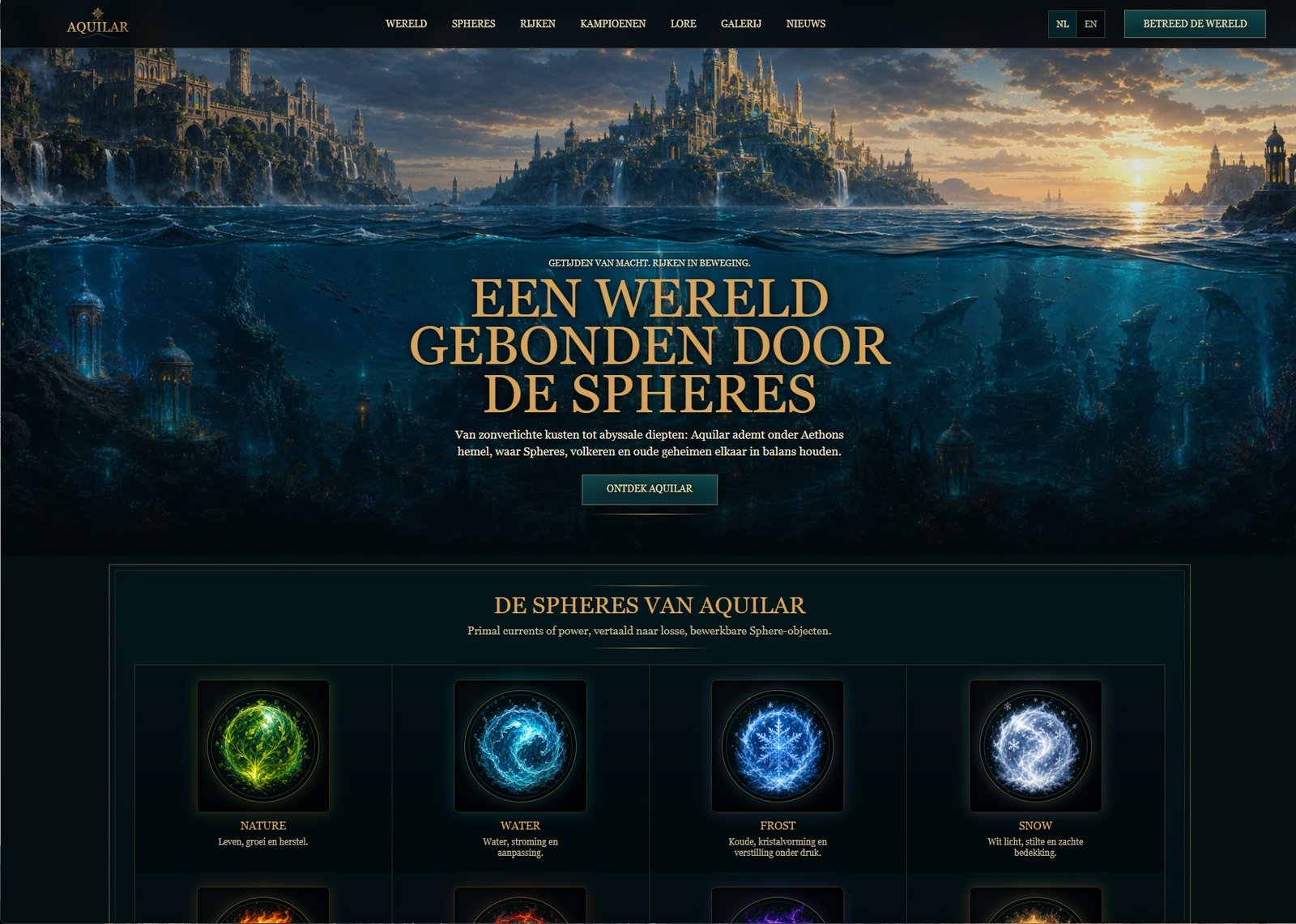 Aquilar website met boven- en onderwaterwereld en visuele Spheres.