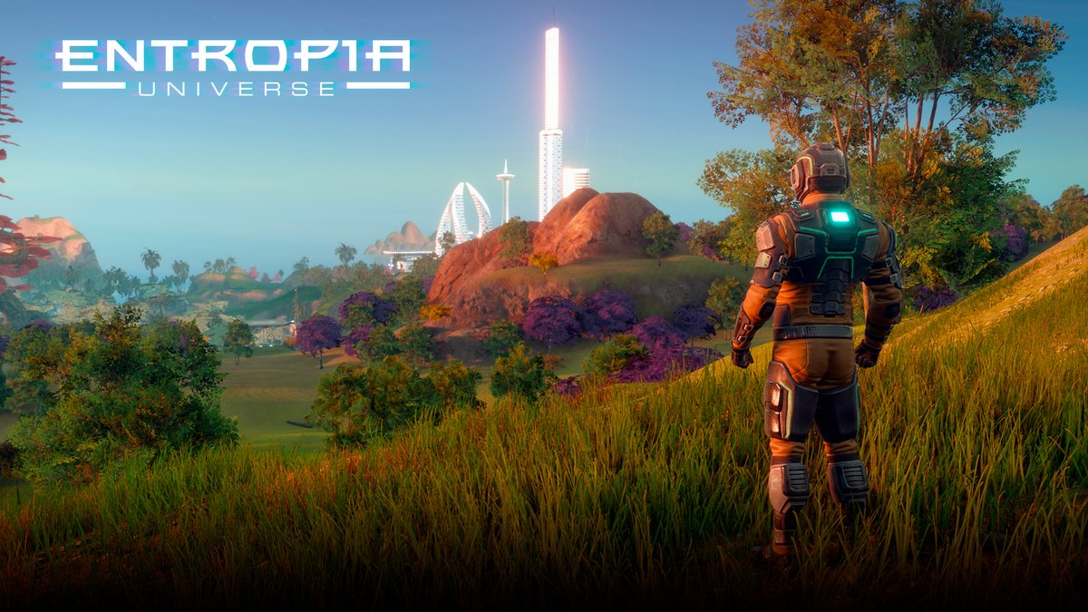 Entropia Universe landschap met speler, stad en gameomgeving.