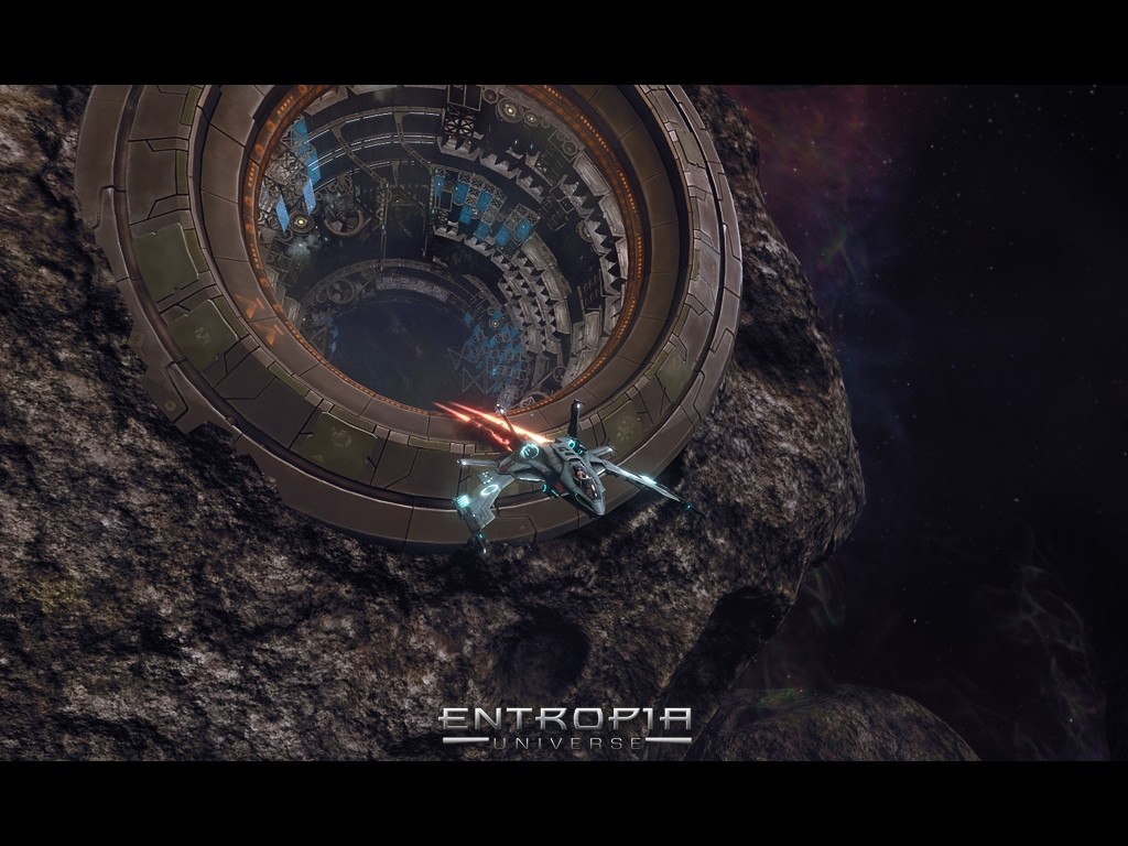Entropia Universe ruimtebeeld met station, schip en asteroideomgeving.
