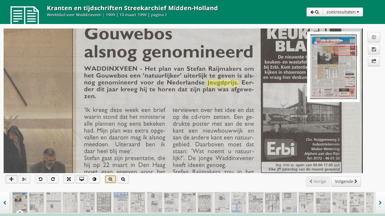 Voorpagina van het Weekblad voor Waddinxveen met het artikel Stefans plan Gouwebos alsnog genomineerd.