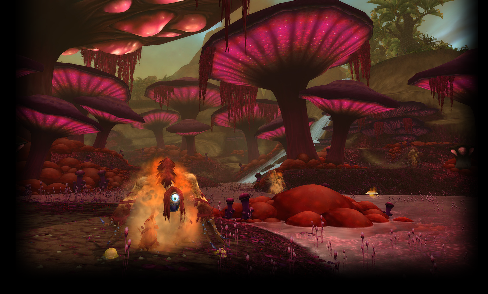 World of Warcraft-landschap met grote paddenstoelen.