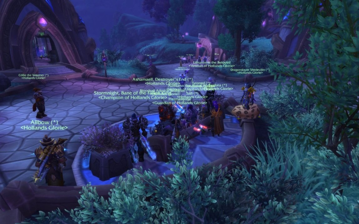 Een grote groep Hollands Glorie-spelers verzameld in World of Warcraft.