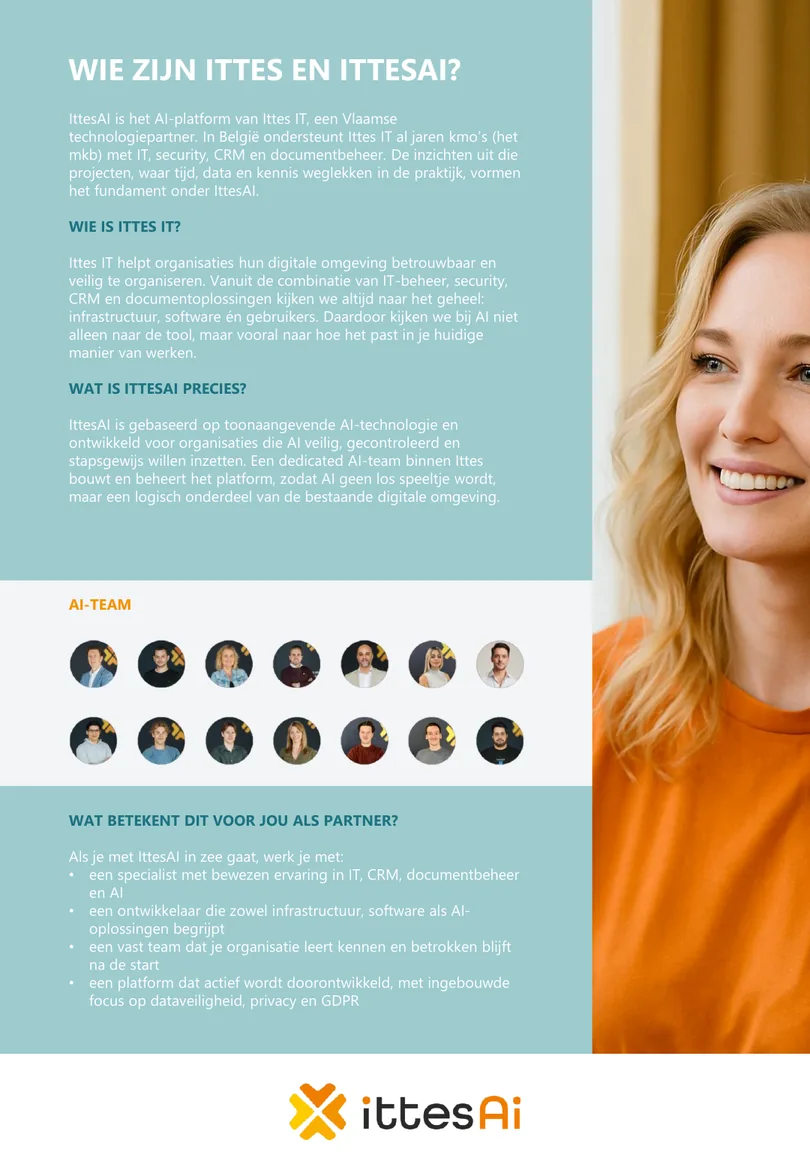 Brochurepagina over Ittes, IttesAI en het AI-team.