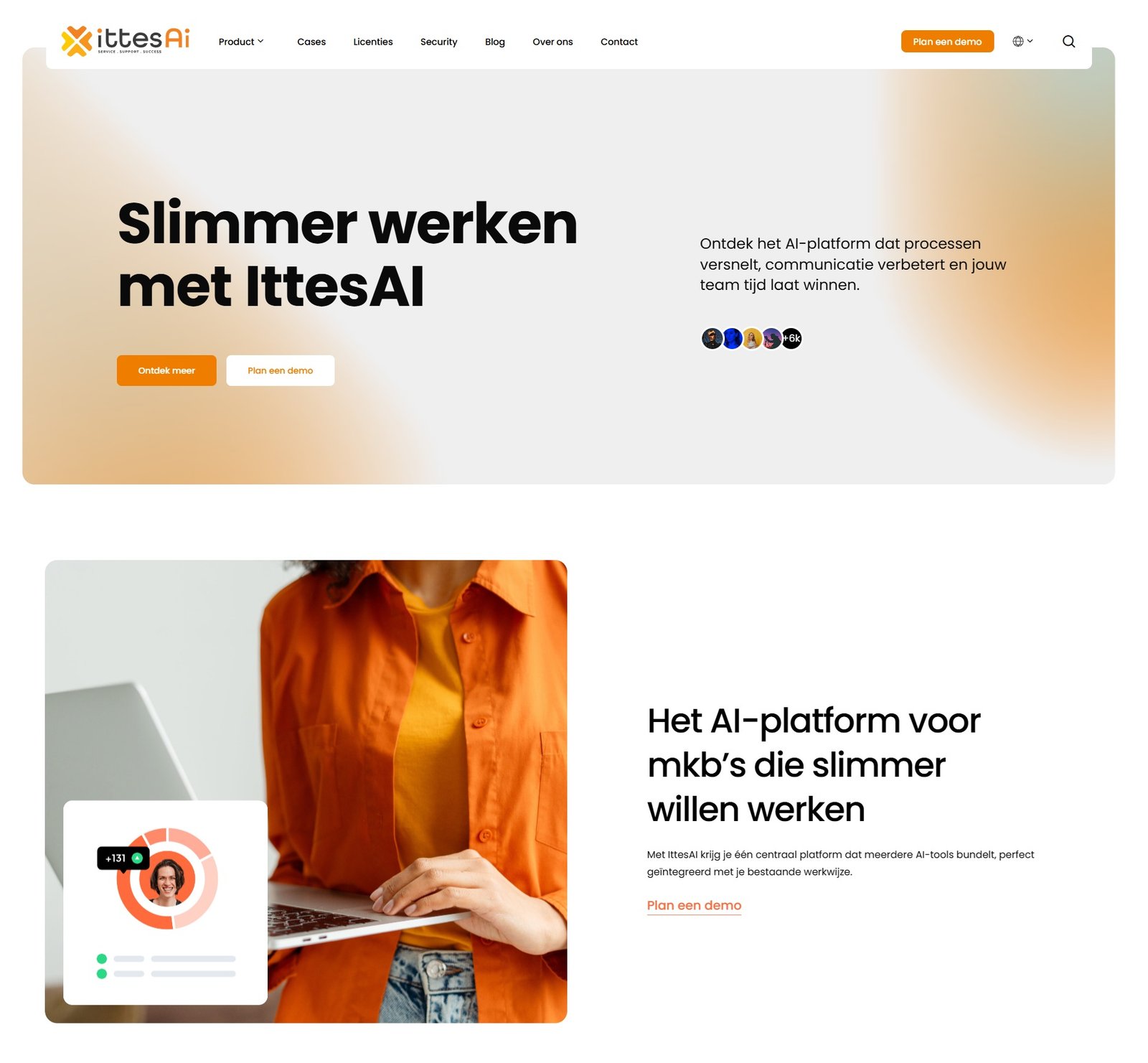 Nederlandse IttesAI-homepage met de hero Slimmer werken met IttesAI en een vervolgsectie over het AI-platform voor mkb-bedrijven.