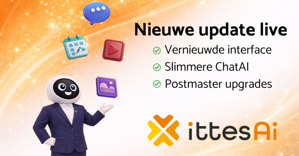 IttesAI-updatebeeld met de mascotte Itsy en aankondiging van een vernieuwde interface, ChatAI en Postmaster-updates.