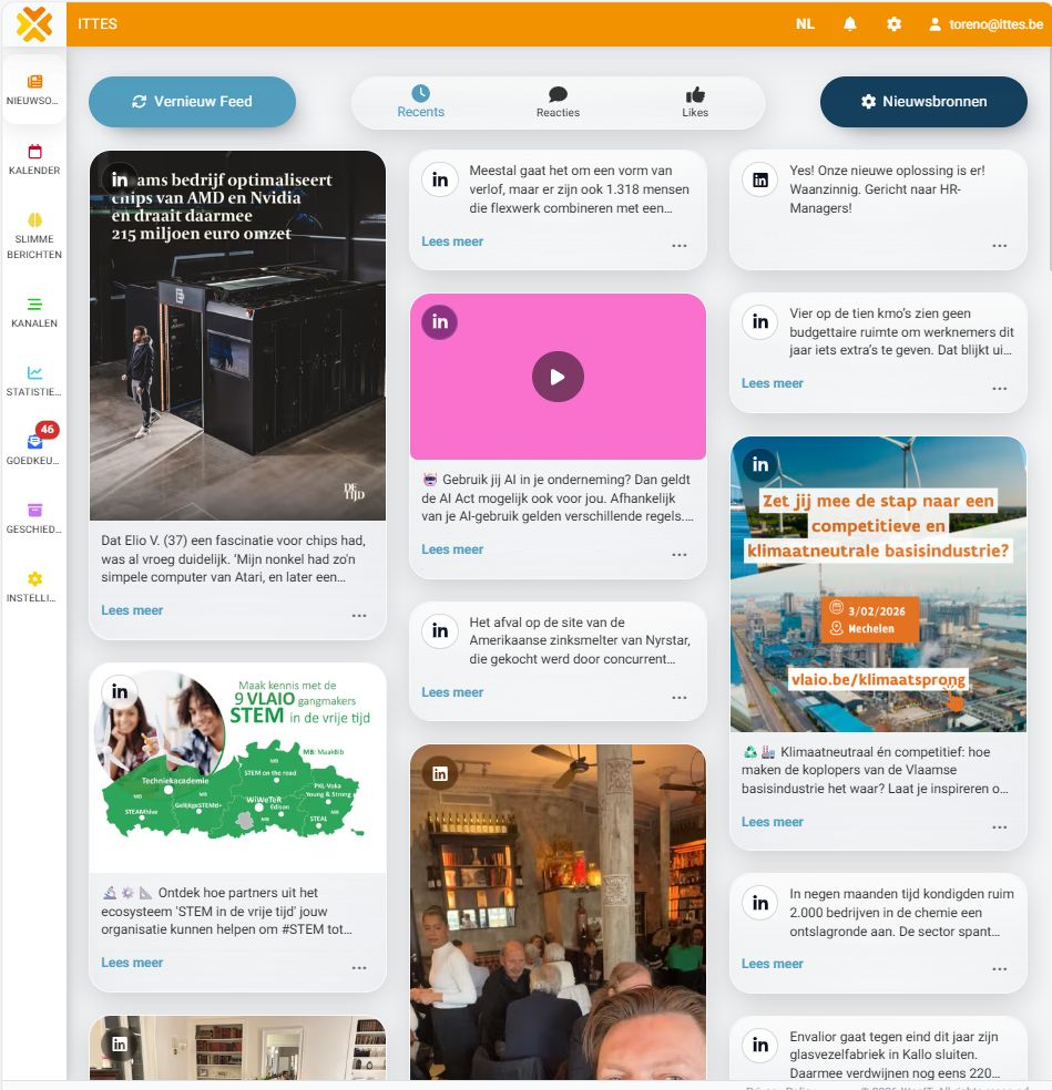 IttesAI socialmediaomgeving met kanalen, berichten en overzichtelijke contentstromen.