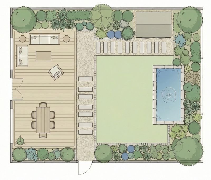 Plattegrond van een tuinontwerp met terras, gazon, vijver, paden en beplanting.