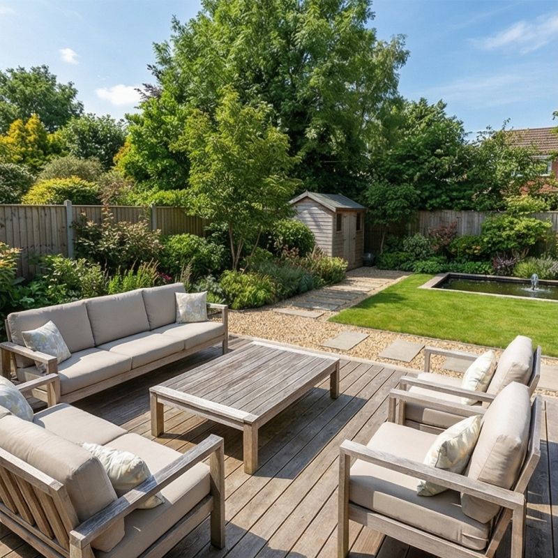 Sfeerbeeld van een houten terras met loungemeubilair, tuinpad, gazon en vijver.