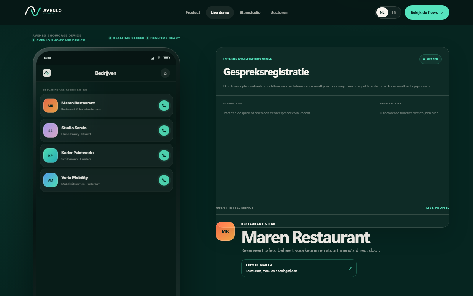 AVENLO voice-agentinterface met vier agents, gesprekstranscript en begrensde bedrijfsacties.