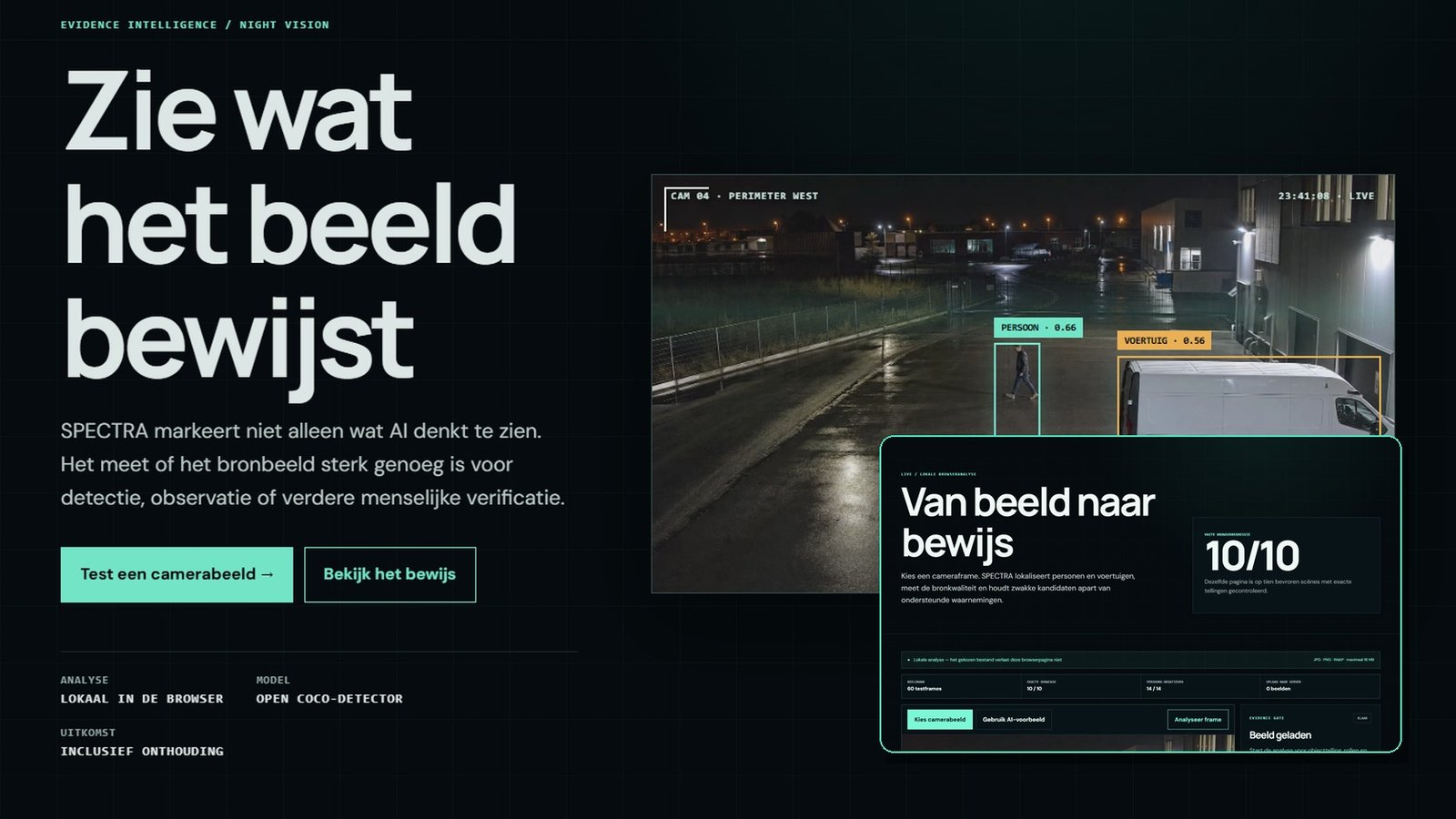 SPECTRA toont cameradetectie, confidence, modelreview en een controleerbaar bewijsresultaat.