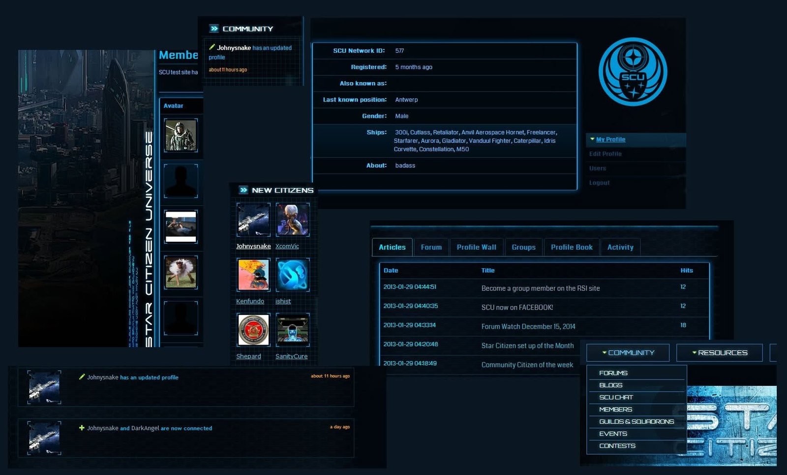 Aanvullende frontend designcollage van Star Citizen Universe.