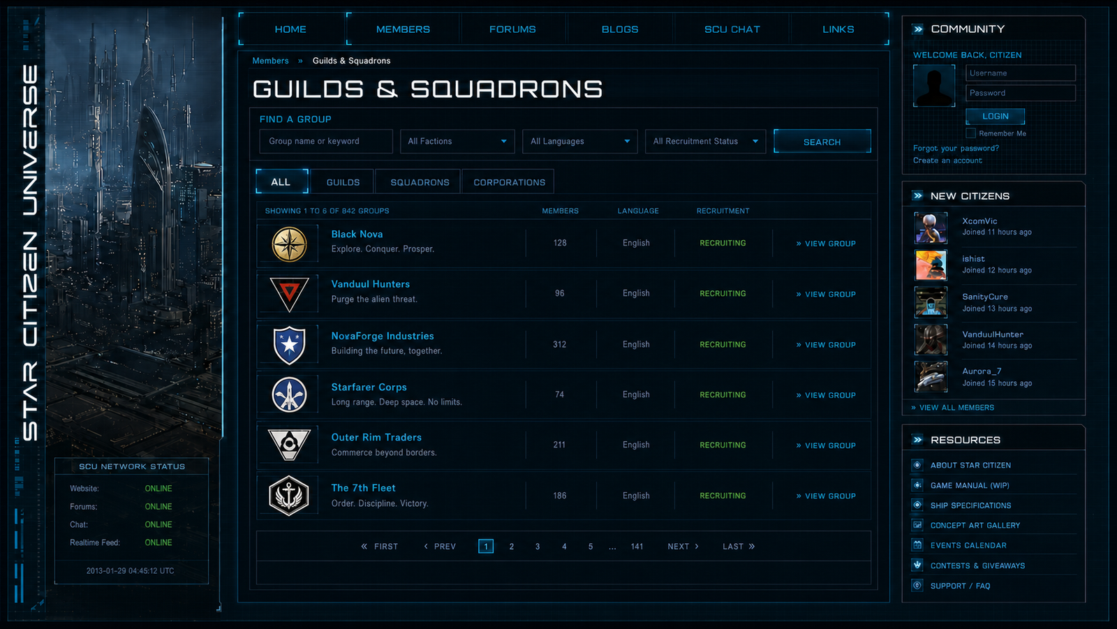 Detail van de Guilds and Squadrons-directory met emblemen en recruitmentstatus.