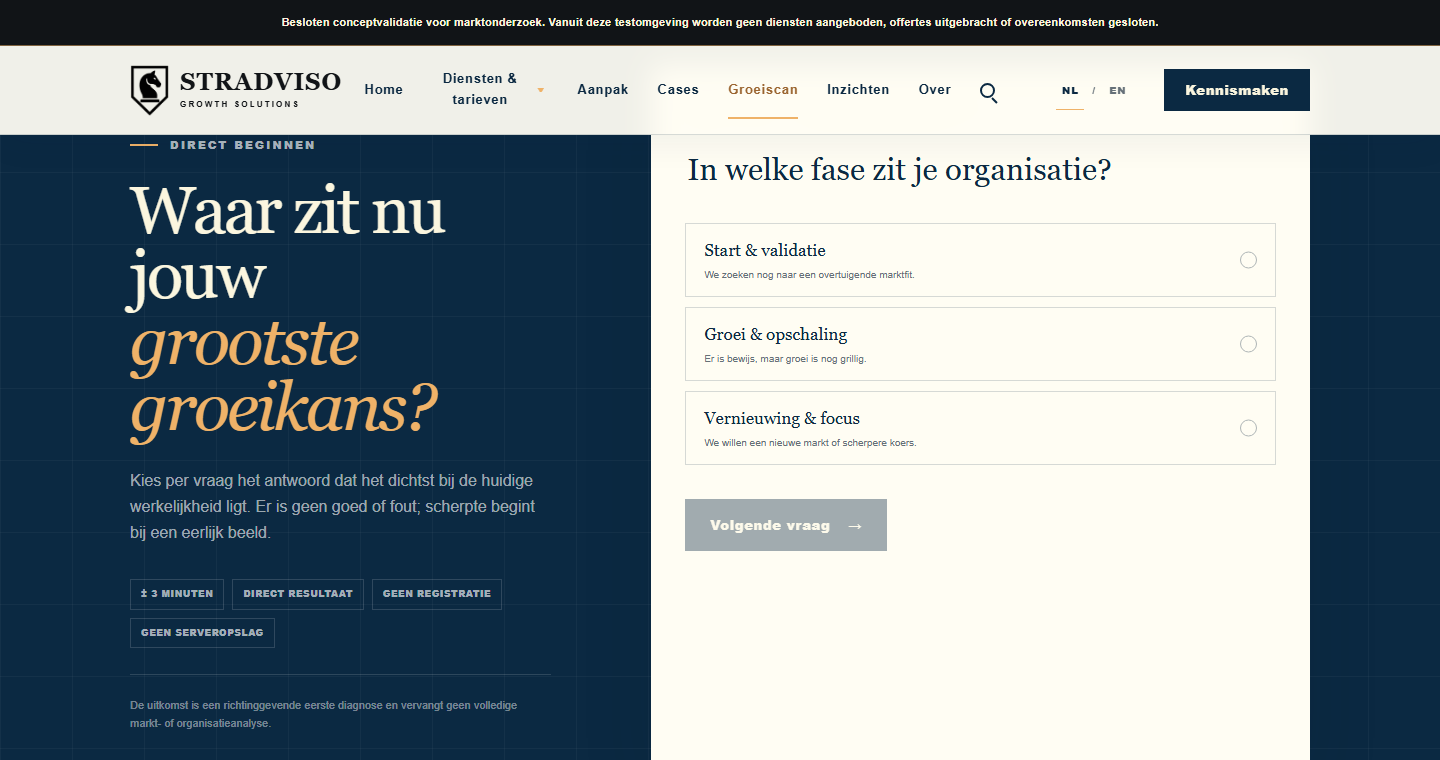 Stradviso interactieve groeiscan met een eerste vraag over de fase van een organisatie.