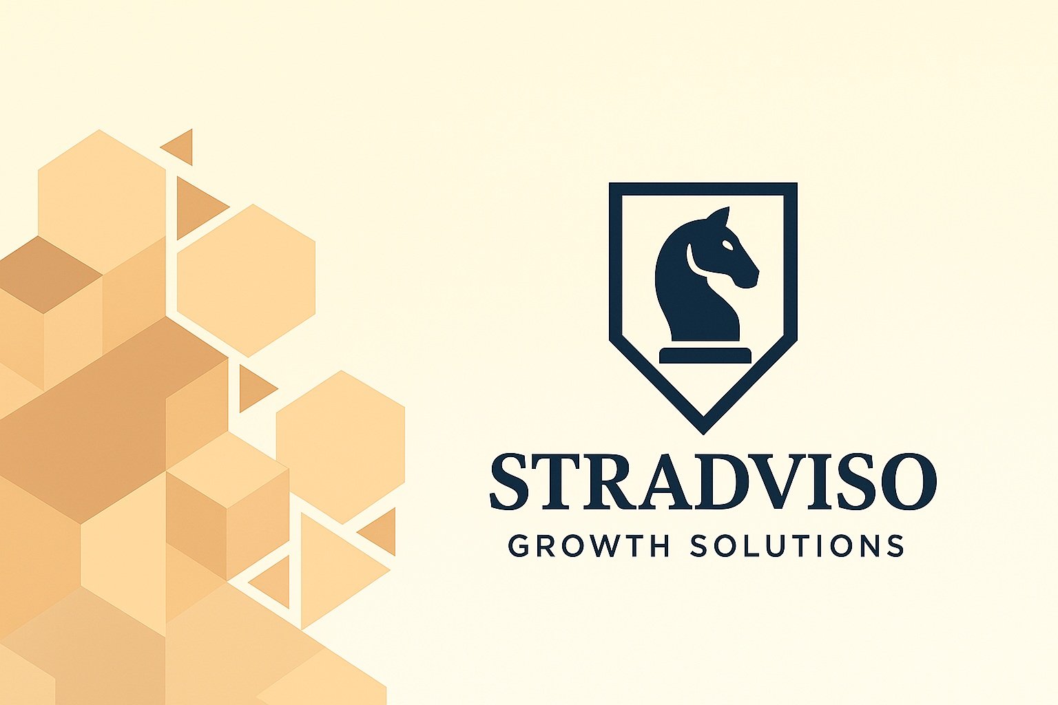 Merkvisual voor Stradviso Growth Solutions met schaakpaard en geometrische vormen.
