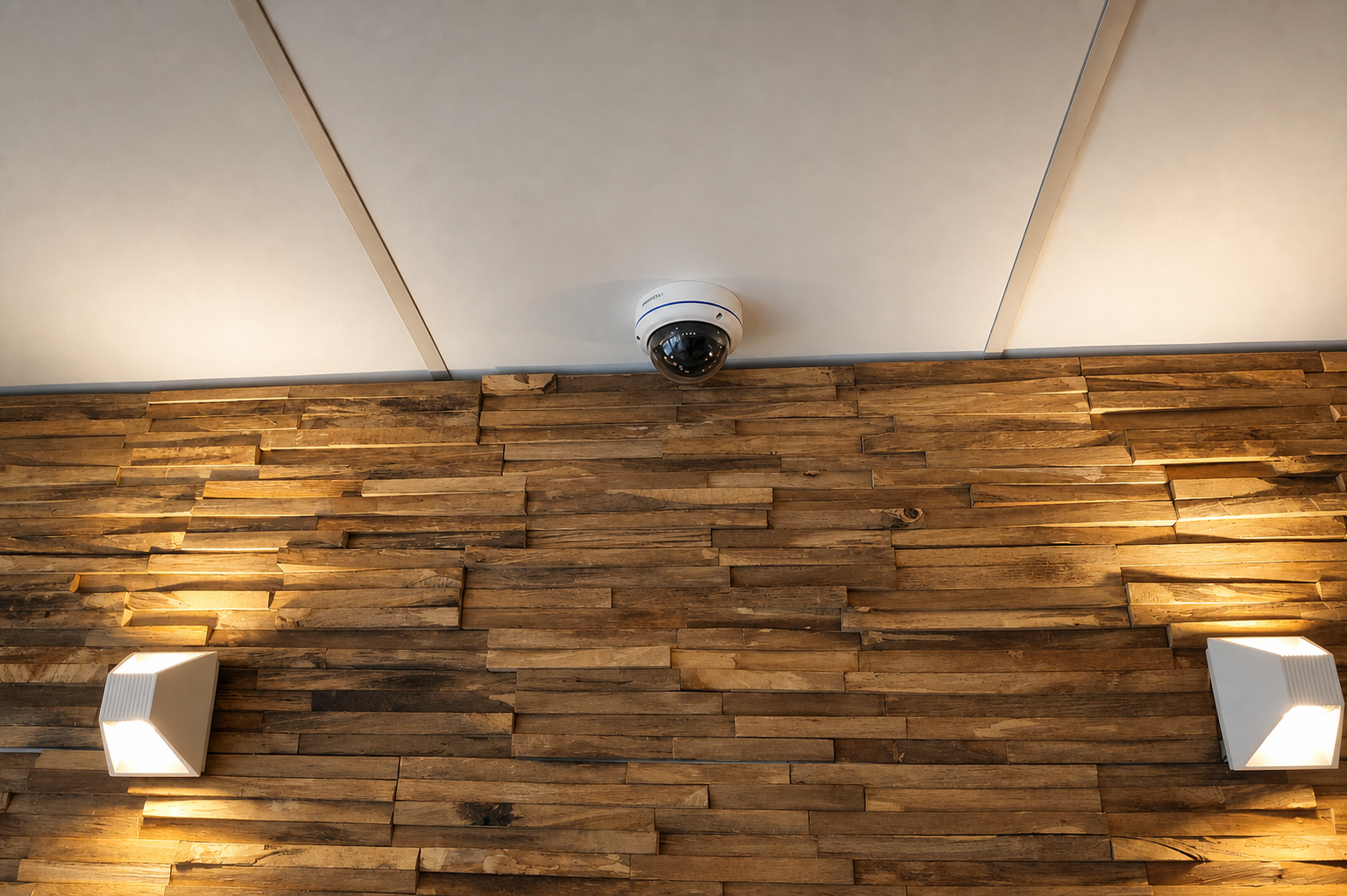 Domecamera boven de houten accentwand van Topkapi als onderdeel van de camerabeveiligingsinstallatie.