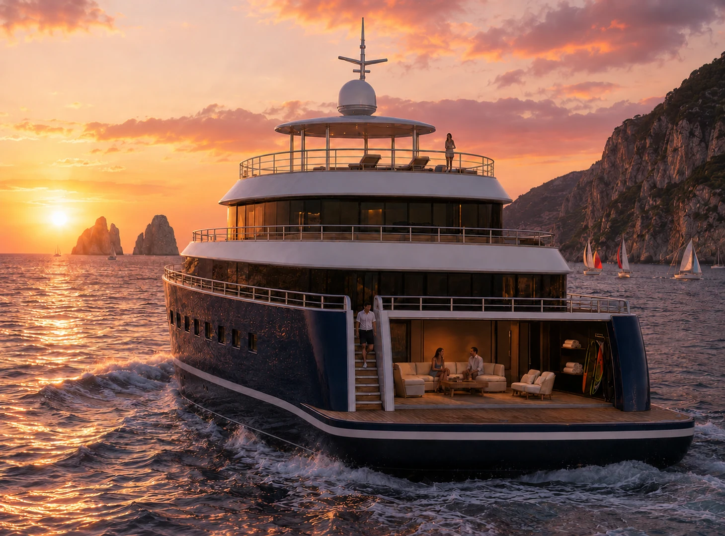 AURELIA 67 met open beach club tijdens een mediterrane zonsondergang