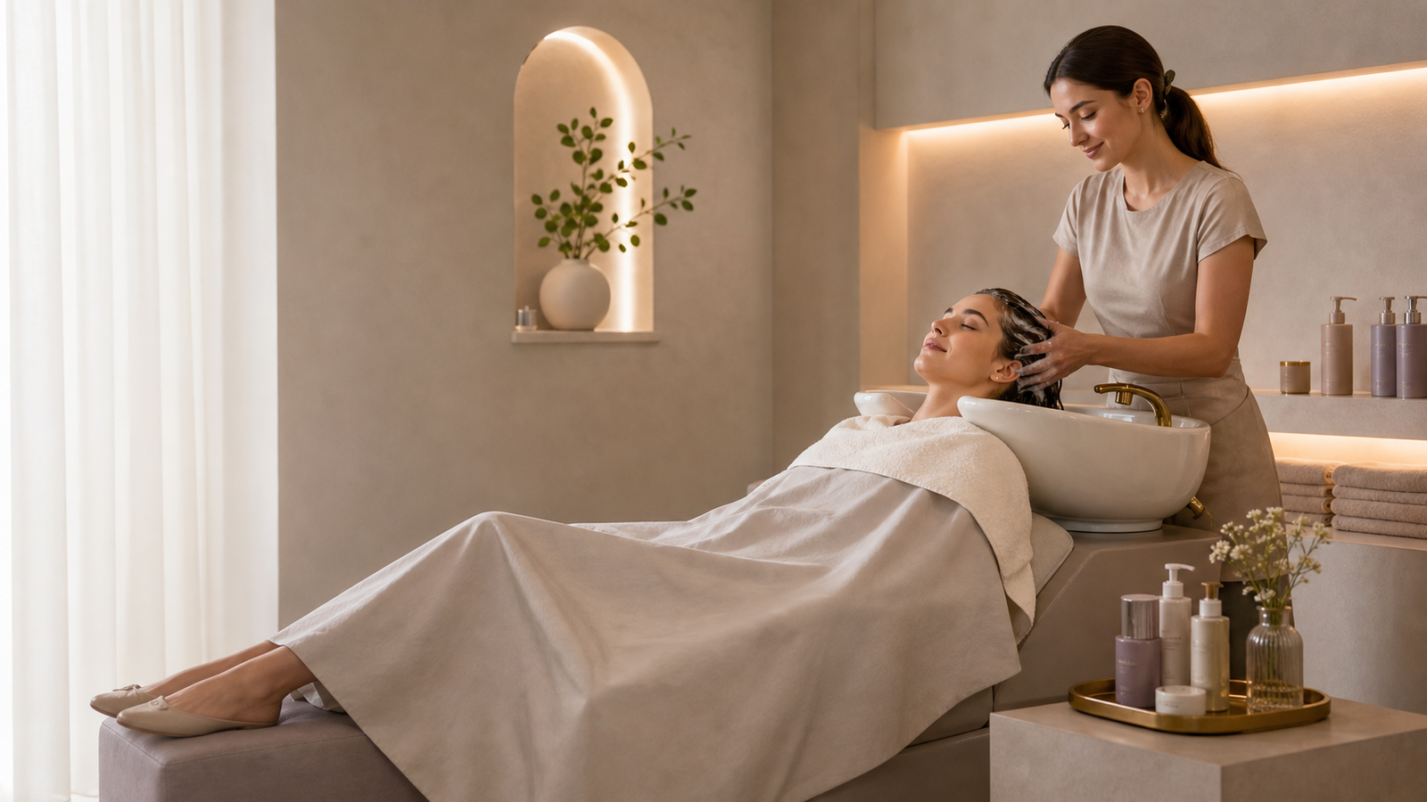 Ontspannend head-spa ritueel met warme handdoek en hoofdmassage