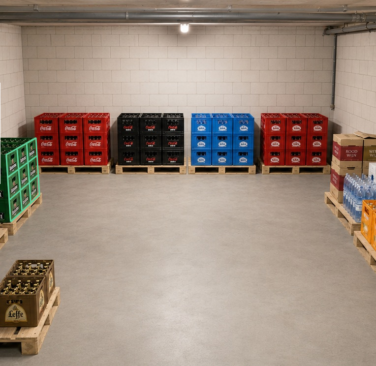 Referentiebeeld met een handmatig uitgelijnd drie bij drie raster over de negen groene Heineken-kratten
