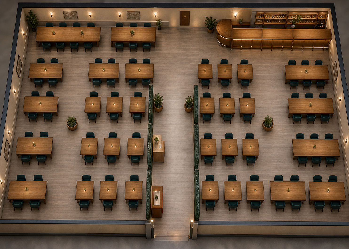 Zaal van Restaurant MISE met rechthoekige tafels rond een vrije middenroute