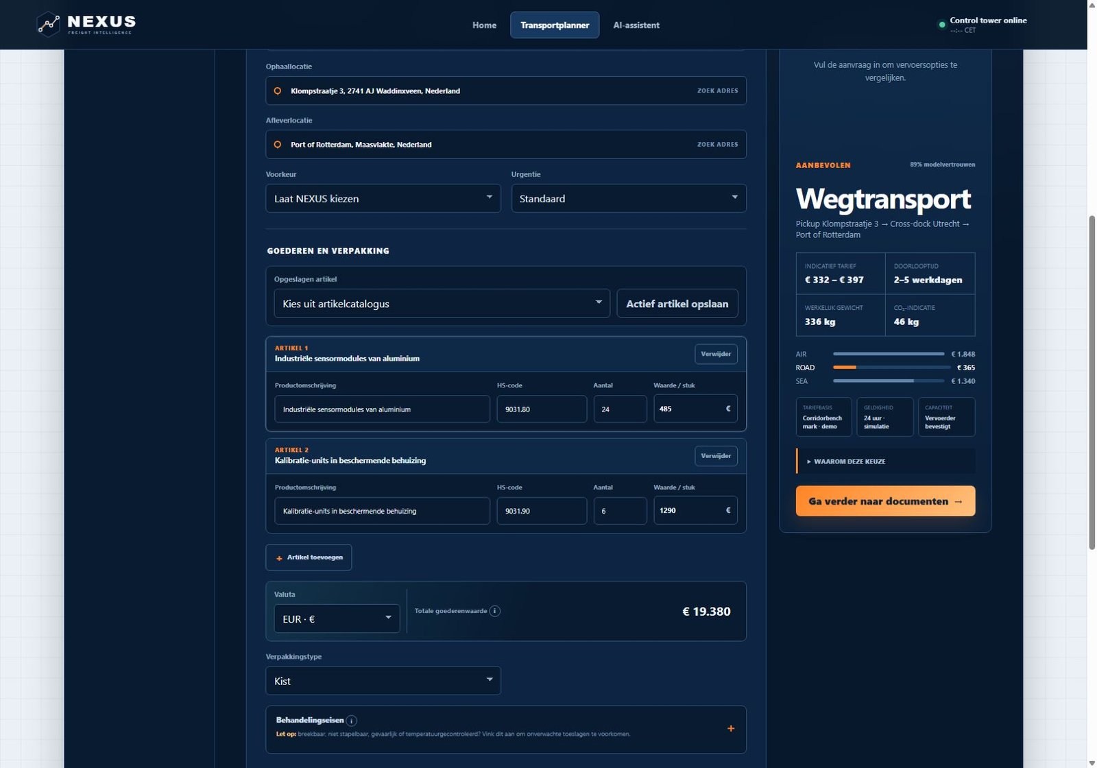 De werkende NEXUS transportplanner met aanvraag, AI-classificatie en vervoersvoorstel