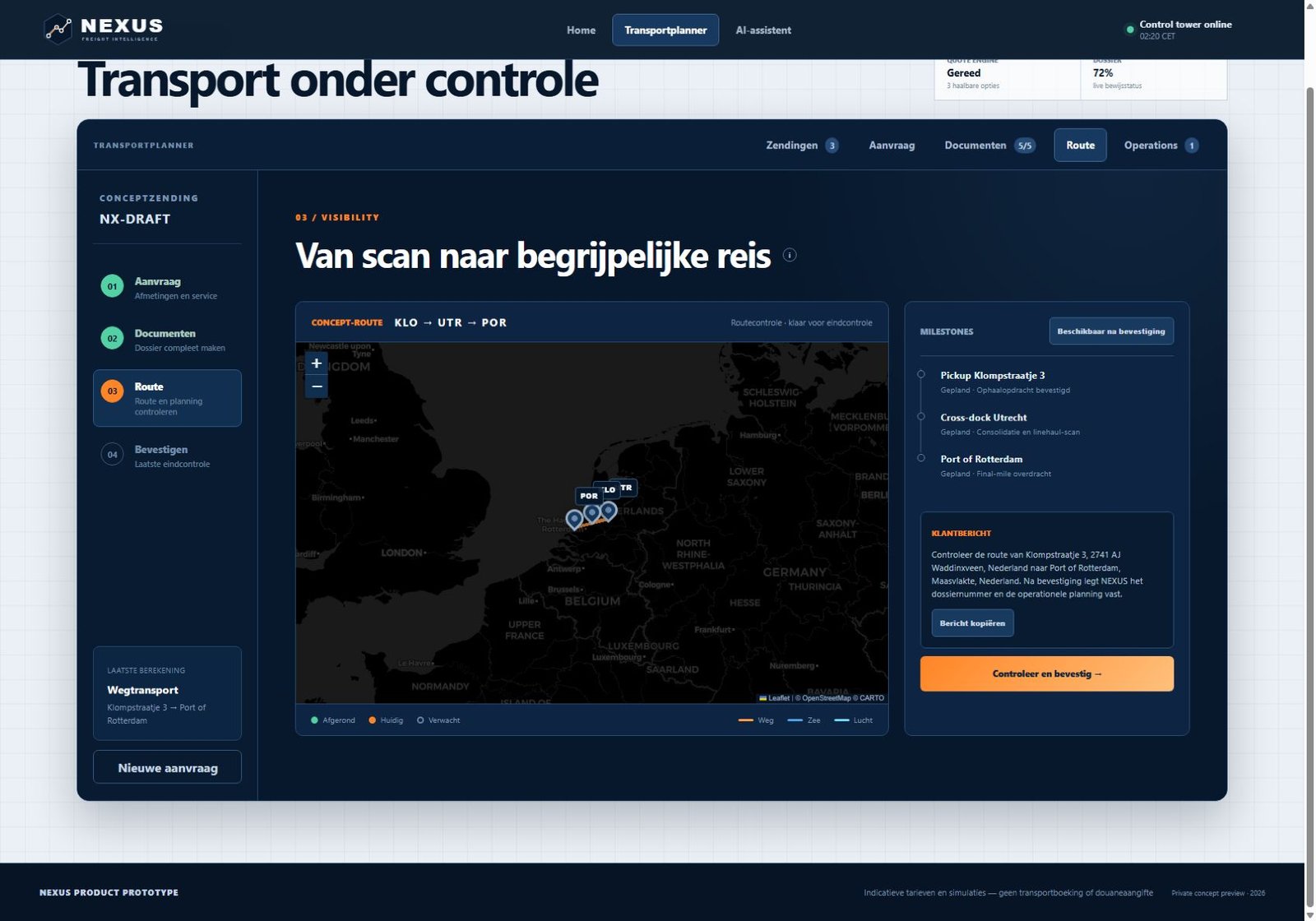 De interactieve routekaart uit NEXUS met hubs, modaliteiten en milestones