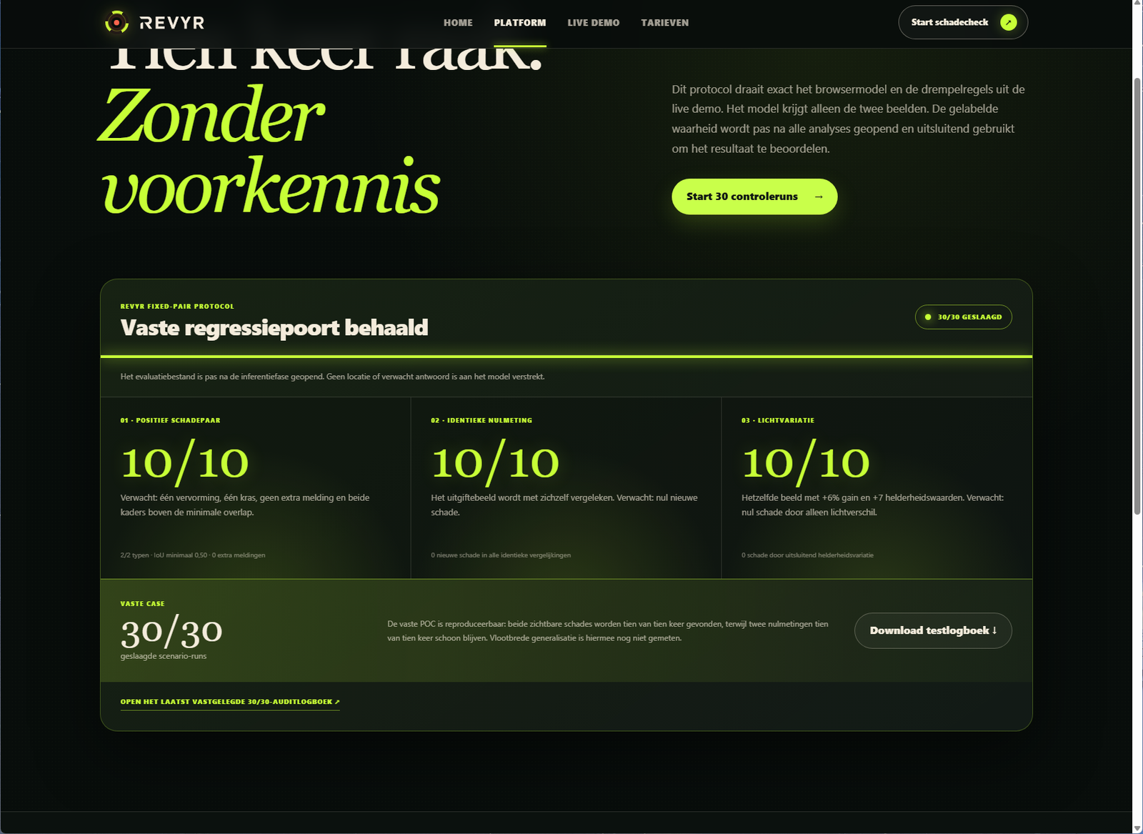 Browserloos REVYR bewijsvenster met 10 op 10 voor alle drie scenario's en 30 op 30 totaal